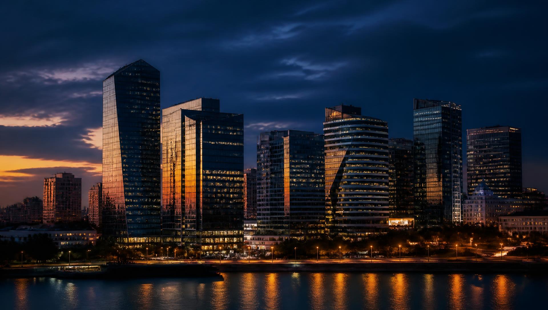 Skyline corporativa de Porto Alegre ao anoitecer